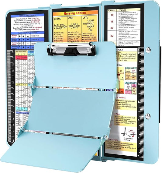 Nursing Clipboard Foldable, Foldable Clip Board w/Nursing Edition Cheat Charts, 3 Layers Aluminum, Nurse Board w/Low Profile Clip&Pen Clip Pocket for Students, Nurses and Doctors, Mint