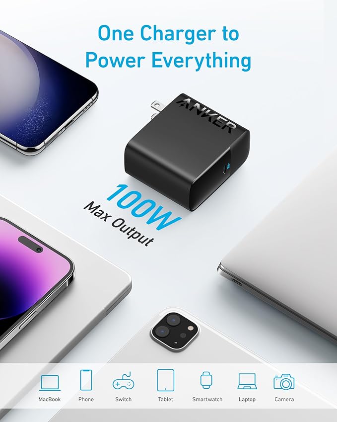 Anker MacBook Charger, Compact and Foldable 100W USB C Charger for MacBook Air, Samsung Galaxy, iPhone 17/16 Series, iPad Pro, and More, 5FT USB C Cable Included