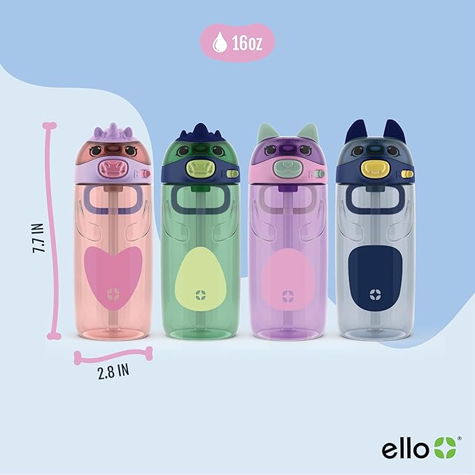 Ello Ellies 16oz Plastic Kids Water Bottle with Straw and Built-in Carrying Handle and Leak-Proof Locking Lid for School backpack, Lunchbox and Outdoor Sports, Unicorn