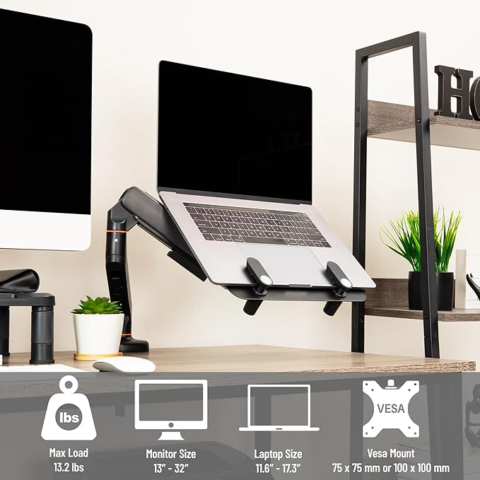 Mind Reader Gas Spring Laptop Desk Mount, Fits 11.6–17.3" Laptops or Monitors, 180° Rotate, 13.2 lb Capacity, Single Arm with Integrated Cable Management, Adjustable Tilt/Swivel, Black