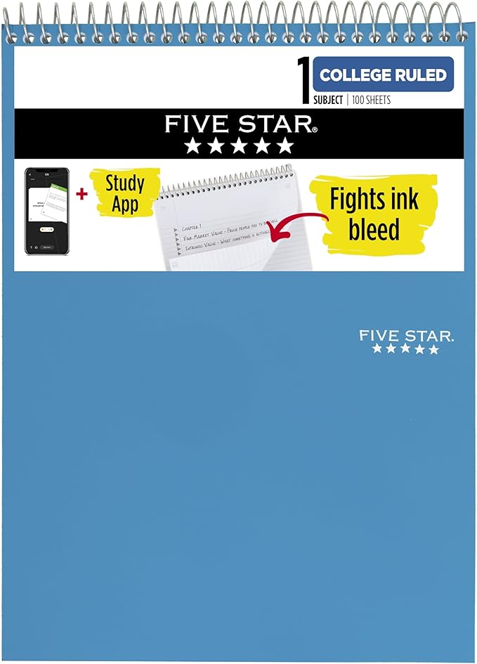 Five Star Top Spiral Notebook + Study App, 1 Subject, College Ruled Notepad, 8-1/2" x 11", 100 Sheets, Fights Ink Bleed, Water Resistant Cover, Tidewater Blue (820058D-ECM)