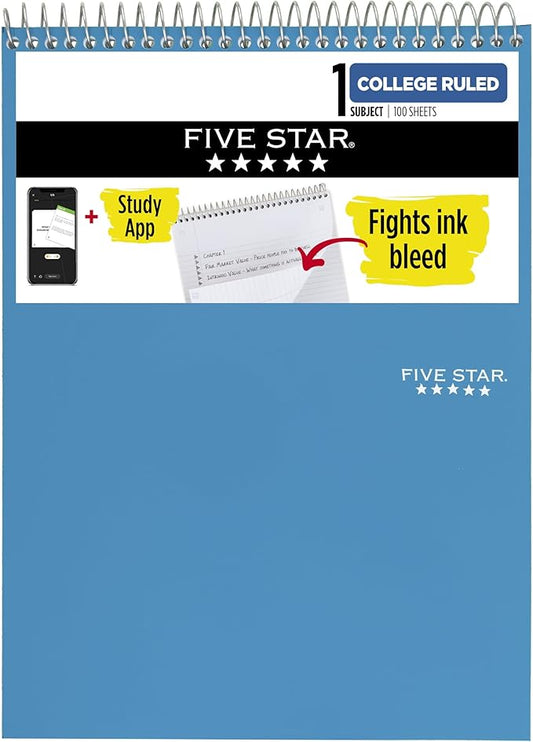 Five Star Top Spiral Notebook + Study App, 1 Subject, College Ruled Notepad, 8-1/2" x 11", 100 Sheets, Fights Ink Bleed, Water Resistant Cover, Tidewater Blue (820058D-ECM)