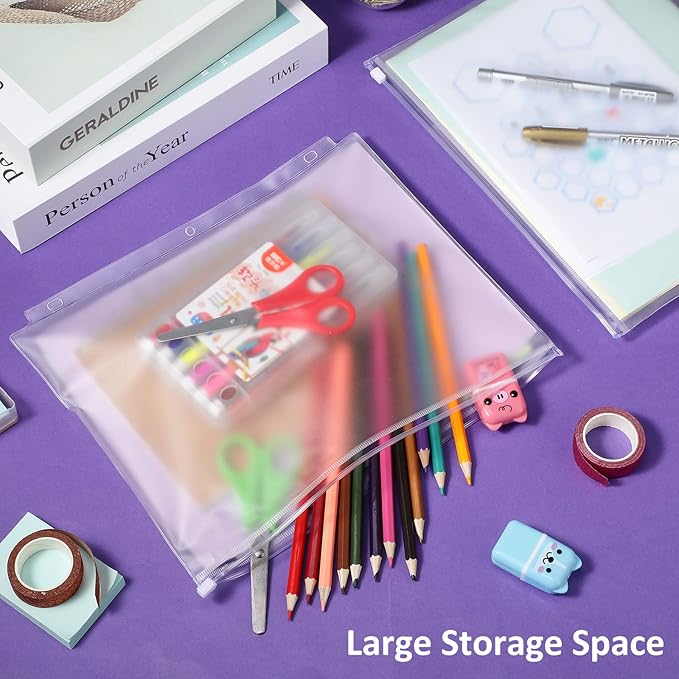 Zonon 30 Pcs A4 3 Rings Tansparent Zipper Binder Pouches Clear Binder Pockets with Zipper Folders Waterproof PVC Loose Leaf Bags Filling Bags for Pen Pencil Notebooks File Document