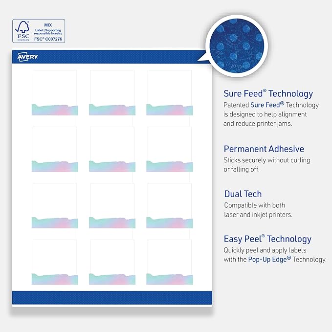 Avery Printable Square Labels with Sure Feed Technology, Pre-Printed Iridescent Watercolors Design, Matte White, 2" x 2", Laser & Inkjet Compatible, 120 Total