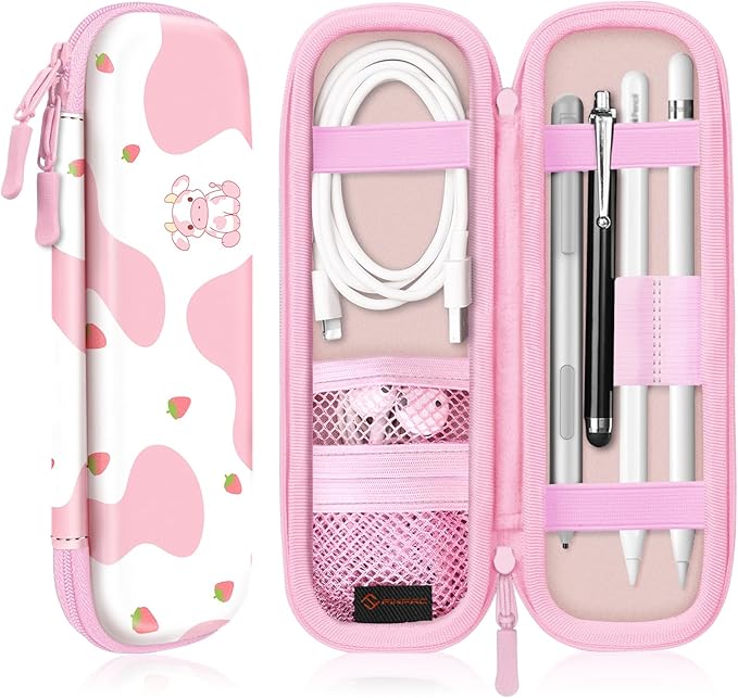 Fintie Holder Case for Apple Pencil Pro, Apple Pencil (USB-C / 1st / 2nd Generation), PU Leather Carrying Bag Sleeve Compatible with Pen, USB Cable, Samsung Stylus, Strawberry Cow