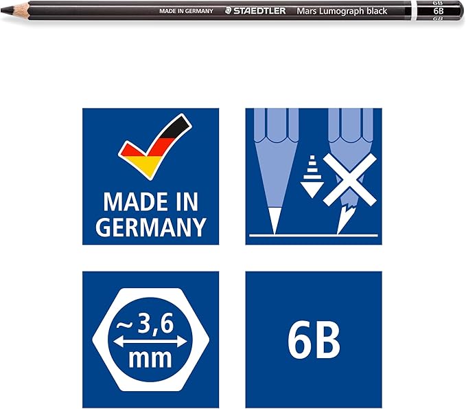 STAEDTLER Mars Lumograph Black Art Pencils, Presharpened #6B Artist Pencils, Box of 12, 100B-6B
