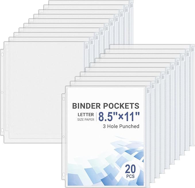 Antner 20pcs Letter Size Binder Pockets for 3 Ring Binder, White Zipper Document Organizer Pouches Heavyweight PVC 3-Hole Loose Leaf File Folders Page Sheet Protectors Side-Loading for Home Office