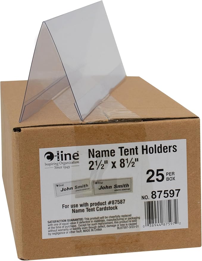 C-Line Plastic Name Tent Holders, 2-1/2 x 8-1/2 Inches, Clear, Pack of 25 (87597)
