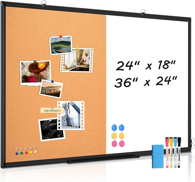 [24" x 18"] WALGLASS Dry Erase and Bulletin Boards Combo, Magnetic White Board Cork Board for Wall, Whiteboard & Corkboard Combination with Aluminum Frame, for Home, Classroom, Office