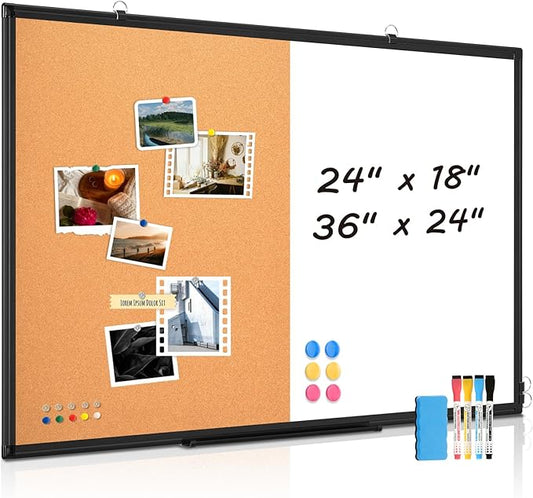 [24" x 18"] WALGLASS Dry Erase and Bulletin Boards Combo, Magnetic White Board Cork Board for Wall, Whiteboard & Corkboard Combination with Aluminum Frame, for Home, Classroom, Office