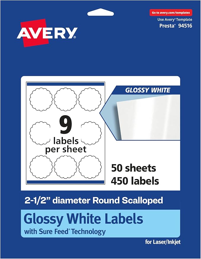 Avery Glossy White Round Scalloped Labels, Sure Feed Technology, 2.5" Diameter, 450 Glossy White Labels, Print-to-The-Edge, Permanent Adhesive, Laser/Inkjet Printable