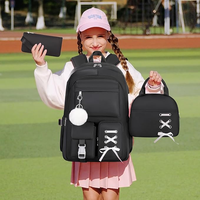 Backpacks for Girls, Girls Backpack with Lunch Box & Pencil Pouch for Teens Girl Kids Elementary Middle High School College Student Bookbag Daypack Laptop Travel Backpack for Women (Black)