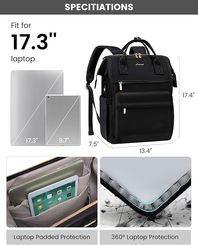 LOVEVOOK Laptop Backpack for Women, 17 Inch Work Teacher Nurse Bag, Large Capacity Business Computer Backpack Purse with USB Port, Stylish Casual Daypack for Travel,Black