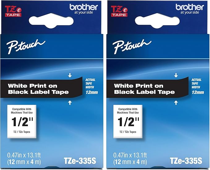 Brother Genuine P-Touch TZe-335S Economy Label Tape, Standard Laminated P-Touch Tape, White on Black, Perfect for Indoor or Outdoor Use, Water Resistant, (4M), Single-Pack (Pack of 2)
