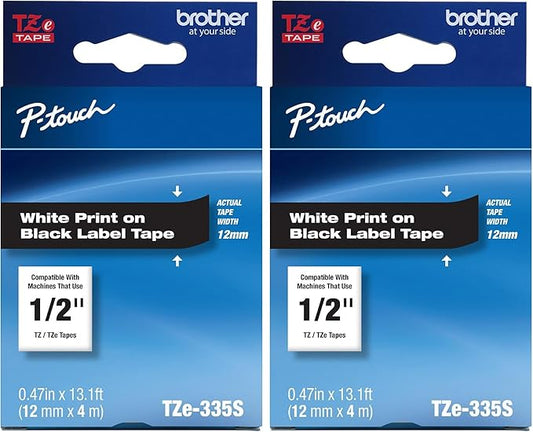 Brother Genuine P-Touch TZe-335S Economy Label Tape, Standard Laminated P-Touch Tape, White on Black, Perfect for Indoor or Outdoor Use, Water Resistant, (4M), Single-Pack (Pack of 2)