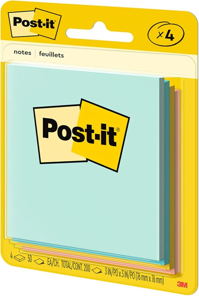 Post-it Notes, 3 in x 3 in, 4 Sticky Note Pads, 50 Sheets per Pad, Beachside Café Collection, New Year Organization or Second Semester School Supplies