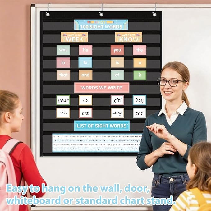 Sight Words Pocket Chart Cards,First 100 Sight Words Flash Cards with Interactive Pocket Chart,25.8"x30.7" Classroom Pocket Chart for Sentence Strips, Vocabulary, Spelling for Home School Use (Black)