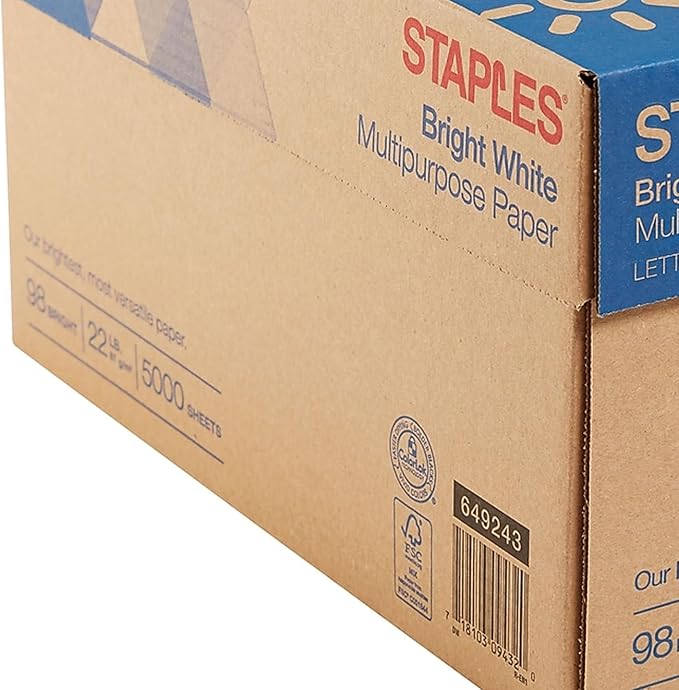 Staples 8.5-Inch x 11-Inch Multipurpose Paper 22 lbs 98 Brightness 500/RM 10 RM/CT