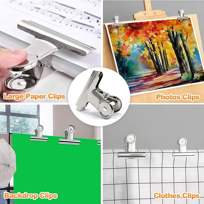 Stainless Steel Metal Hinge Clips 24 Pcs, Small Bulldog Clips 1.5 Inch, Bull Hinge Clip for Crafts, Photo, Drawing, Backdrop, Food Bags at Home, Office, School (Silver, 3/2 Inch)