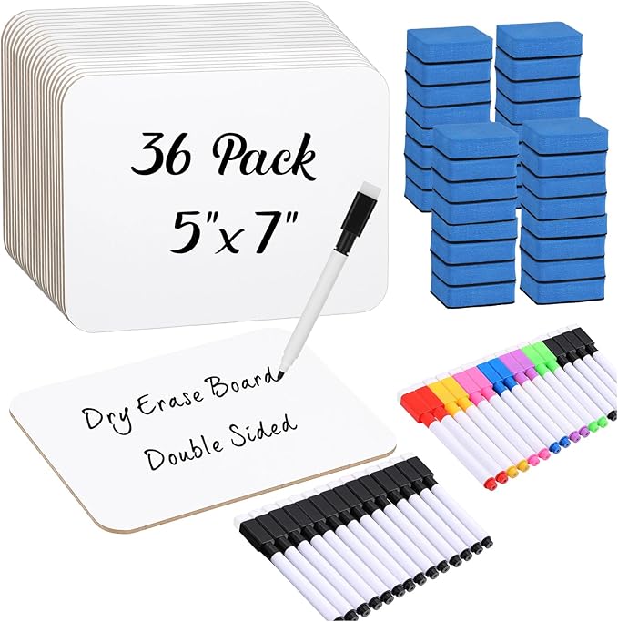 36 Sets Small Whiteboard Dry Erase Boards 5" x7'' Mini Double Sided Dry Erase Lap Boards with Markers Erasers Pen Holders Personal Whiteboards for Students Classroom Teacher