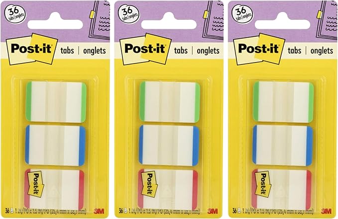 Post-it Tabs with On-The-Go Dispenser, 1-Inch Lined, Green, Blue, and Red, 12-Tabs/Color, 108 tabs/Dispenser