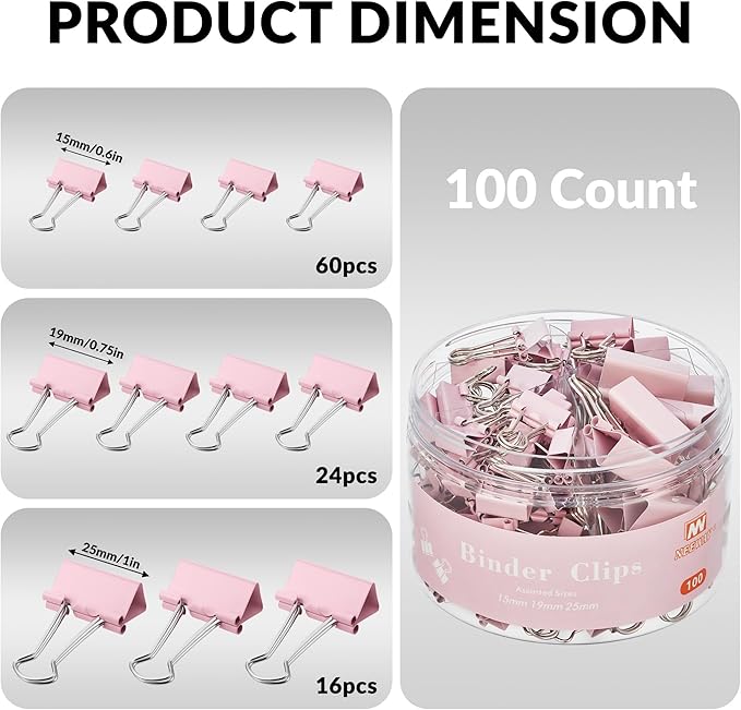 NEEWAY 100 Count Binder Clips Assorted Sizes, Paper Binder Clips (0.6inch 0.75inch 1inch), Metal Paper Clamps for Office and Home (Pink)