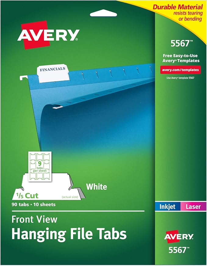 Avery Printable Hanging File Folder Tabs, 1/5 Cut, White, 90 Total (5567)