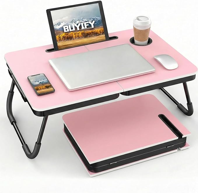 BUYIFY Foldable Laptop Bed Desk for Couch, Sofa - Large Lap Desk Tray Table with Cup Holder and Tablet Slot - Portable Notebook Stand for Eating, Writing, Studying and WFH (Pink)
