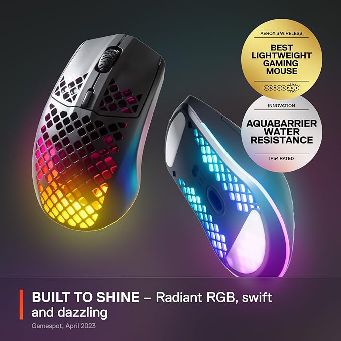 SteelSeries Aerox 3 Wireless - Holey RGB Gaming Mouse - Ultra-lightweight Water Resistant Design - 18K DPI TrueMove Air Optical Sensor- Onyx