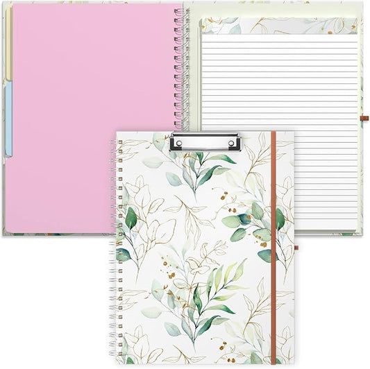 Rimilak Spiral Clipboard Folio with Refillable Lined Notepad, 14.5 x 9.8 In, Hardcover Cover with 5 Interior Pockets, Elastic Band and Pen Loop Series. Cute Stylish Clipfolio, Bohe Leaves
