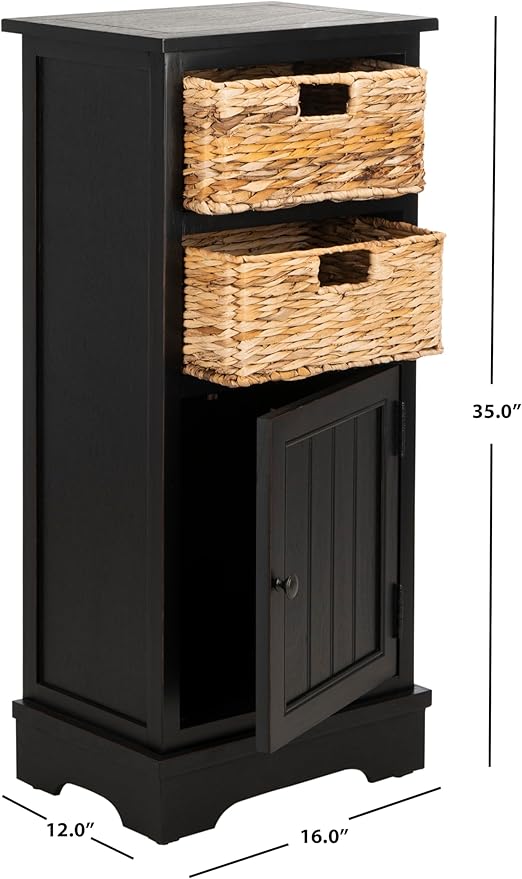 SAFAVIEH Home Collection – Connery Distressed Black Storage Cabinet with Rattan Baskets & Bottom Door, Farmhouse Accent Storage, Fully Assembled (AMH5742A)