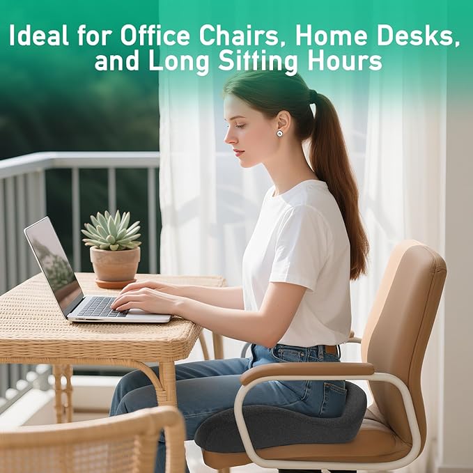 Firm Support Seat Cushion for Long Sitting, Ergonomic Memory Foam with Coccyx Cut-Out, Stable Pressure Distribution for Office Chair, Gaming & Daily Home Seating, Non-Slip Bottom, Washable Cover