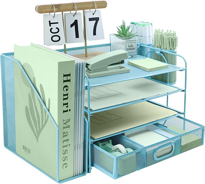 4 Tier Desk File Organiser with Extra Vertical File Sorter, Paper Letter Tray with Top Stationery Drawer Holder, A4 Paper Desktop Filing Trays, Magazine Document Holder for Home Office, Sky Blue