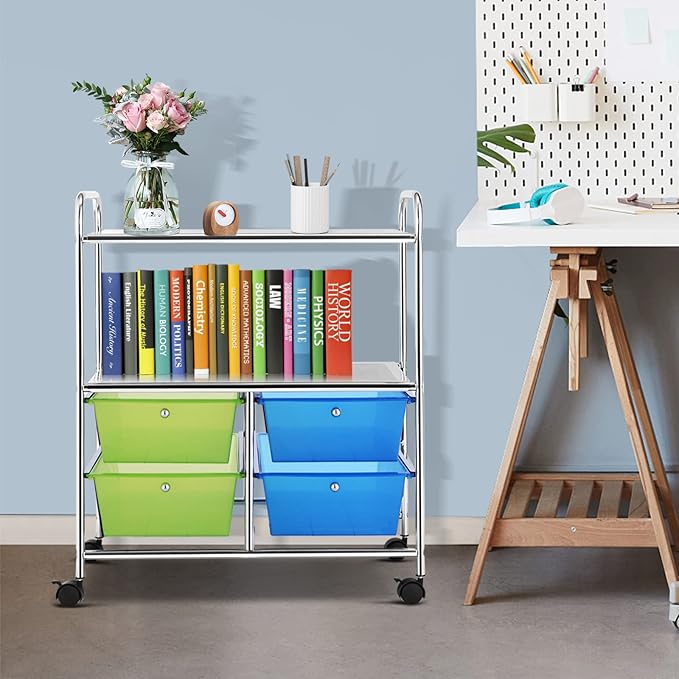 COSTWAY 4-Drawer Storage Cart, Mobile Storage Organizer w/Steel Frame & 360° Wheels, 4-Drawer Utility Cart for Living Room, Kitchen, Bathroom & Office, Green & Blue