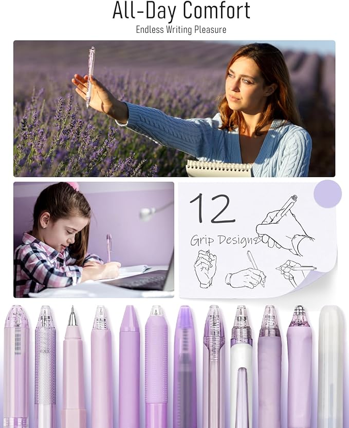 Four Candies Lavender Series Gel Pens, Black & Purple Ink Writing Pens with 0.5 mm Smooth Fine Point, School Office Stationery Supplies Desk Accessories Gifts for Women, Set of 12