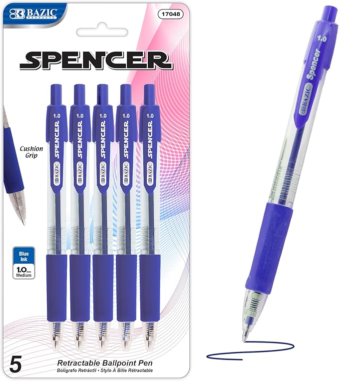 BAZIC PRODUCTS Ballpoint Pen Spencer Blue Retractable Pen Soft Barrel Grip Pens, 1.0 mm Bold Point Smooth Writing, for Office School Teacher (5/Pack), 1-Pack