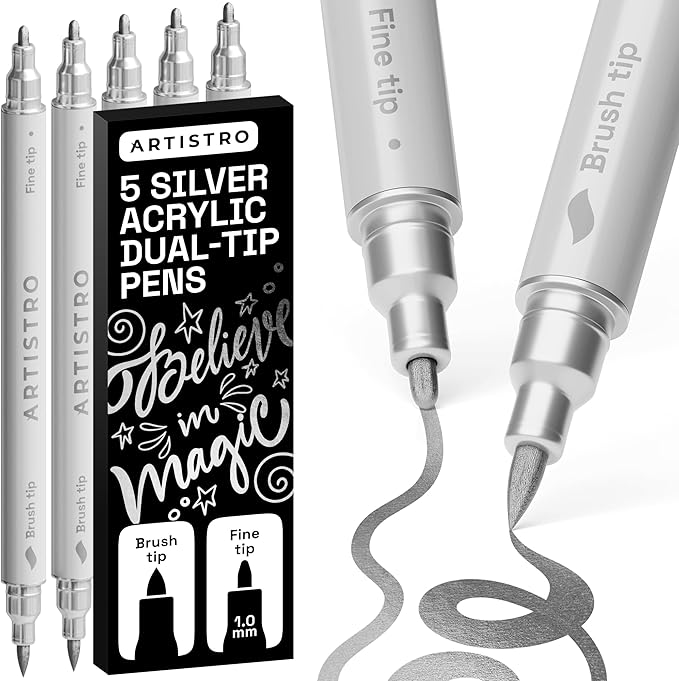 ARTISTRO 5 Silver Acrylic Paint Markers - Paint Pens for Calligraphy, Brush + Fine Tips - For Fabric, Rock, Glass, Wood, DIY, Craft, Canvas - Art and Craft Supplies for Adults, Teens, Kids