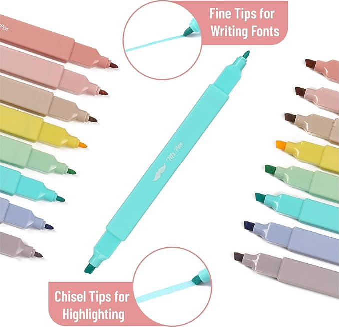 Mr. Pen- Dual Tip Aesthetic Highlighters, 8 Pack, Chisel & Fine Tips, Pastel Colors, Cute Assorted Colors, Cute High lighters for School, Highlighter Set