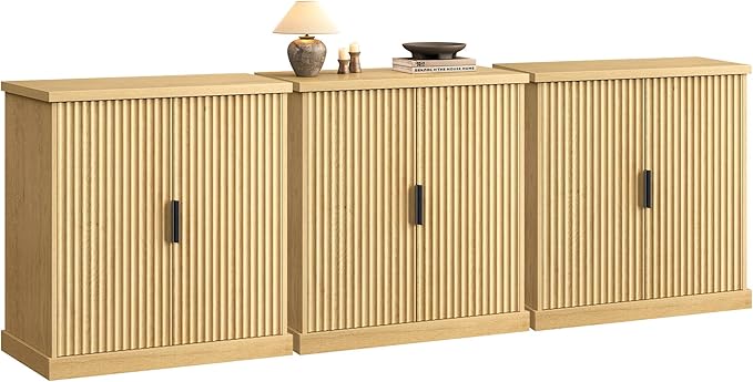 VASAGLE MAXE Collection - Buffet Cabinet Set of 3, Fluted Console Cabinet, Sideboard with Adjustable Shelf, Mid Century Modern Buffet Table, 15.8 x 29.9 x 31.5 Inches, Oak Beige UZH2507023