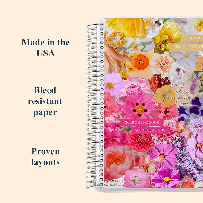 Erin Condren 7x9 Floral Collage Coiled Notebook - dot grid, platinum coil