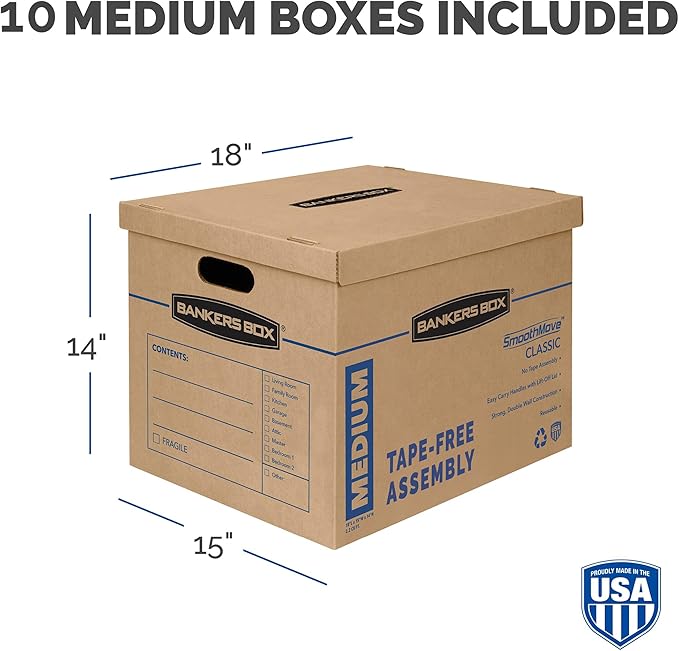 Bankers Box Medium Classic Moving Box 10 Pack, Reinforced Handles, Tape-Free Assembly, Box with Lid, 19-in x 14.5-in x 15.5-in (8817201)