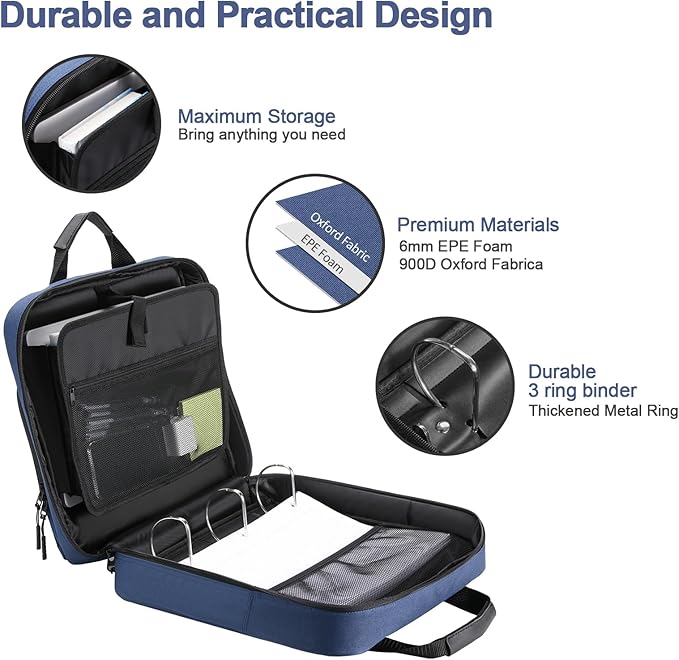 3 Ring Zipper Binder 3 Inch D-Ring, Binder with Strap 700 Sheet Capacity & Multi-Pockets School and Office Organizer, Compatible with 13-Inch MacBook(Patent Design Dark Blue)