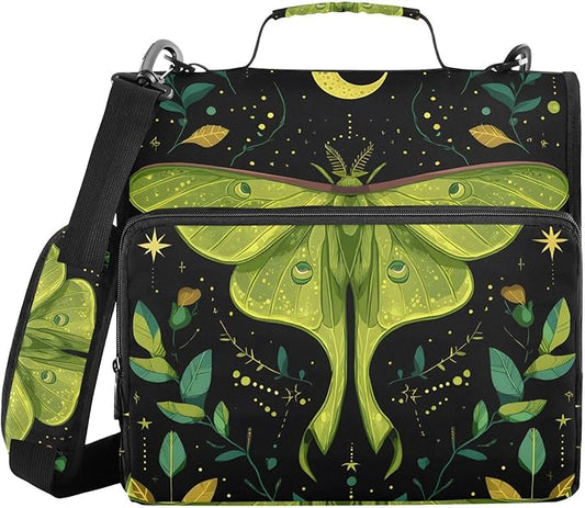 3 Ring Zipper Binder with Shoulder Strap Mystical Green Moon Moth Boho 1.5 inch Binders Keeper Large Capacity Multi Pockets for School Office Supplies