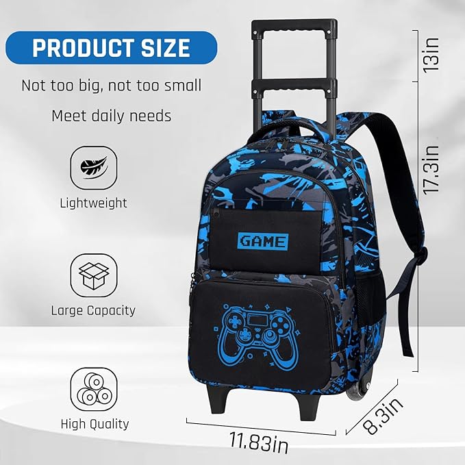 Boys Rolling Backpack for Kids - Glow in The Dark Kids Rolling Backpack with Wheels for Elementary Middle School - Gamer Roller School Bookbag Aged 6-18, Wheeled Travel Bag Large Capacity