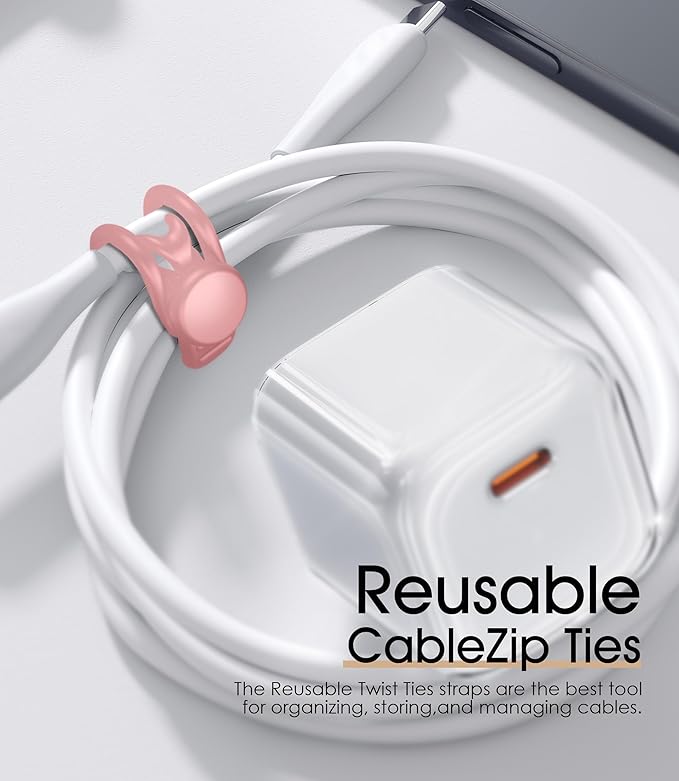 24Pcs Nearockle Silicone Cable Ties 3 Inch Cord Organizer, Reusable Small Zip Ties Cable Organizer for Charging Cords Earphone Computer Wire, Office Desk Cable Management Travel Accessories(4 Colors)