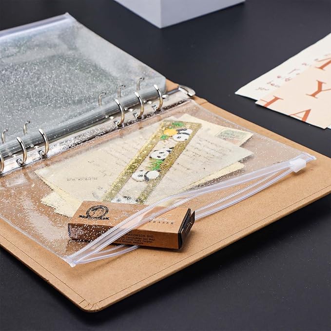 10pcs A5 Cash Stuffing Envelopes Zipper Binder Pockets Clear Glitter PVC 6 Hole Zip Sleeves Loose Leaf Pouches for 6 Ring Binder Planner (A5 5.91" x 8.19")