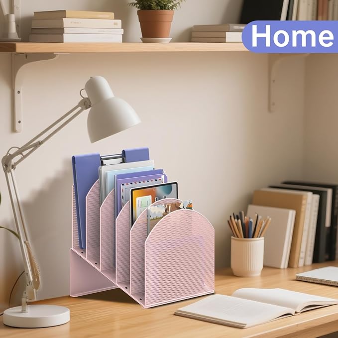 5-Section Desk File Organizer, Vertical File Organizer for Desk, Mesh Mail Holder for Letter Size Folders, Pink