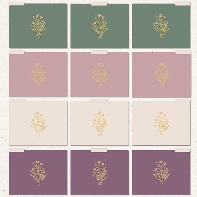 bloom daily planners Decorative File Folders - Set of 12 Letter Size (8.5” x 11”) Organizers, 1/3 Cut Tabs - Aesthetic Folders for School & Office - Gold Foil Florals