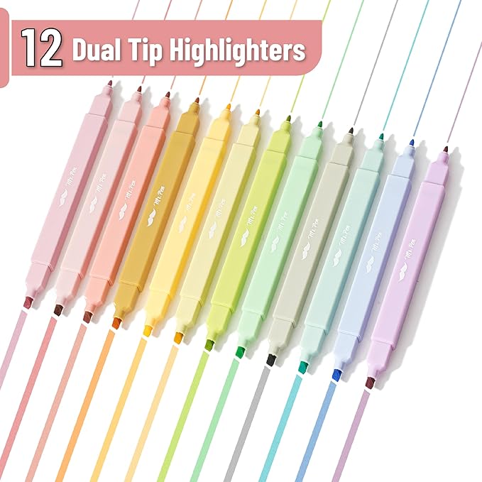 Mr. Pen- Dual Tip Aesthetic Highlighters, 12Pack, Chisel & Fine Tips, Pastel Colors, Cute Assorted Colors, Cute High lighters for School, Highlighter Set