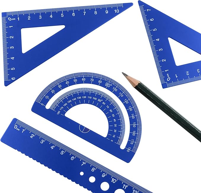 4 Pcs Triangular Ruler Set, Aluminum Alloy Geometry Tools, Metal Drafting Ruler for Students, Draftsmen, Engineers, School Office Supplies with Protractor & Metric Scales (Blue)